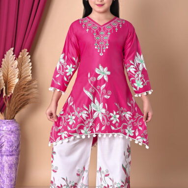 Mumbaifashion Girls Casual Kurta And Palazzo Set(Pink Pack Of 1)