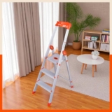 Bathla Elevate 3-Step Foldable Aluminium Ladder For Home With Tool Tray | Anti-Skid | Durable, Heavy Duty, Safe & Stylish | 5-Year Warranty | Orange