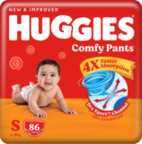 Huggies Comfy Baby Diaper Pants, Upto 50% Faster Absorption – S(86 Pieces)