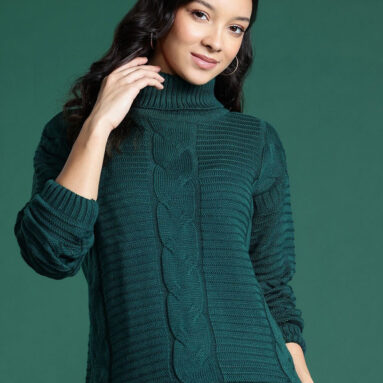 Dressberry Self Design Turtle Neck Casual Women Green Sweater