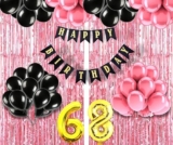 Mystic Toy Store 68Th Birthday Decoration Items For Girls With Black And Pink Balloons, Black Happy Birthday Banner, Pink Foil Curtain, Foil Balloon Number 68