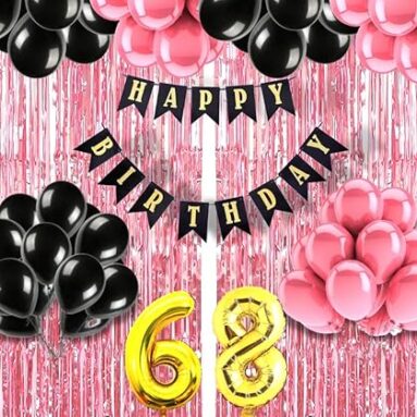 Mystic Toy Store 68Th Birthday Decoration Items For Girls With Black And Pink Balloons, Black Happy Birthday Banner, Pink Foil Curtain, Foil Balloon Number 68