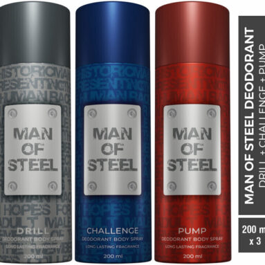 Man Of Steel Combo Of Drill + Challenge + Pump Long Lasting Deodorant Spray  –  For Men(600 Ml, Pack Of 3)