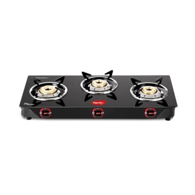 Pigeon By Stovekraft Aster 3 Burner Gas Stove With High Powered Brass Burner Gas Cooktop, Cooktop With Glass Top And Powder Coated Body, Black, Manual Ignition, Standard (14267)