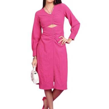Tokyo Talkies Pink Self Design Cut Out Ruched A-Line Dress