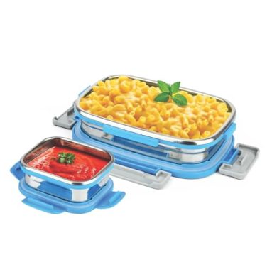 Signoraware Quickmeal Stainless Steel Small Lunch Box | Airtight & Leakproof | Microwave Safe | Portion Control | Easy To Carry | Ideal For Office, School, Kids & Travel (650Ml + 130Ml | Tblue)