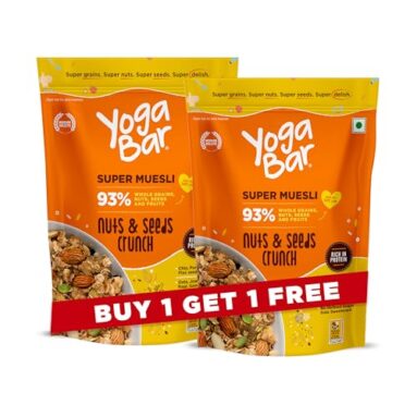 Yogabar Muesli Nuts + Seeds Crunch 700G (Buy 1 Get 1 Free) With Flax And Chia Seeds, Muesli Nuts Delight Whole Grain, High Protein, High Fibre, No Refined Sugar, Contains Antioxidants, 700G Pack Of 2