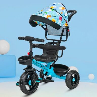 Kidsmate Deluxe 4-In-1 Tricycle For Kids With Adjustable Canopy | Durable Plug & Play Baby Trike With Safety Rail & Push Handle For Parents | Safe & Comfortable Ride For Toddlers 12-48 Months – Blue