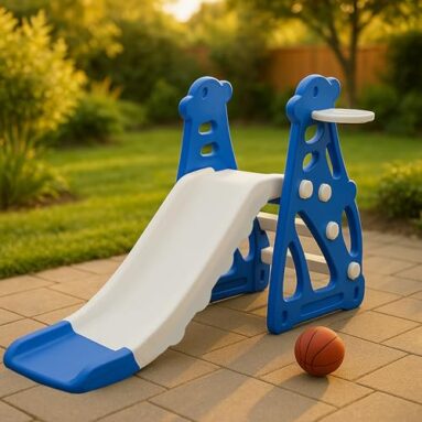 Kidsmate Super Slide For Kids 2-5 Yrs | Indoor & Outdoor Slide With Basketball Ring | Anti-Slip Steps & Safe Rounded Edges | Lightweight & Sturdy | Quick Assembly | Max Load 25Kg – Blue & White