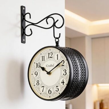 Craftel Metal Analog Railway Wall Clock Vintage Double Sided English Roman Hanging Clock For Living Room Home And Office (Dial – 8 Inches, Matte Black)