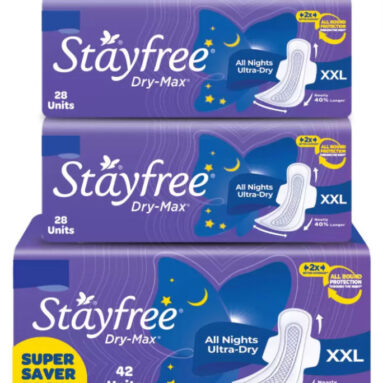 Stayfree Dry-Max All Nights| All Round Protection Through The Night| 2X Better Coverage Sanitary Pad(Pack Of 98)