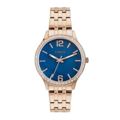 Timex Analog Watch For Women With Blue Dial & Rose Gold Stainless Steel Bracelet Band – Water Resistant Women’S Wrist Watches -Twel230Smu03