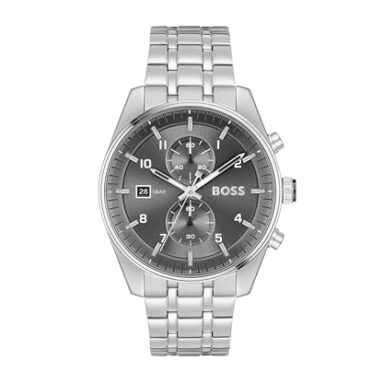 Boss Skytraveller Qtz Fashion Chrono Grey Round Dial Men’S Watch|Stainless Steel Material|Silver Color Band – 1514151