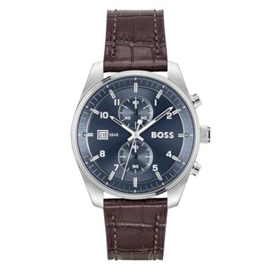 Boss Skytraveller Qtz Fashion Chrono Blue Round Dial Men’S Watch|Brown Croc Leather Material|Brown Color Band – 1514194