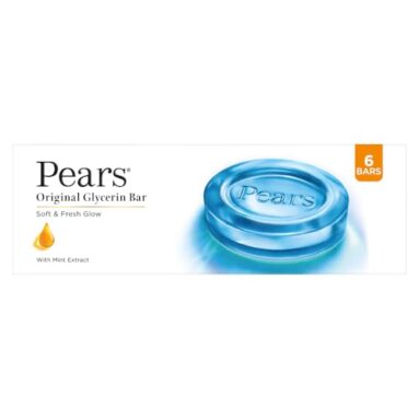 Pears Original Glycerin Soap Bar – Soft & Fresh Glow | With 98% Pure Glycerin & Mint Extract | For A Fresh Glow | With Plant Based Cleanser For Skin & Body | Paraben-Free | 125 Gms X 6
