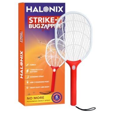 Halonix Strike Plus Bug Zapper Anti-Mosquito Racquet, Insect Killer Bat With Torch With Rechargeable 1200 Mah Battery | Mosquito Bat | Fly Swatter | Type C Cable Charging, Orange