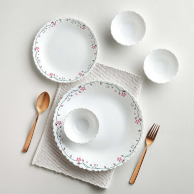 Larah by Borosil Pack of 13 Opalware Dinner Set(Pink, Black, Microwave Safe)