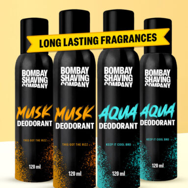 Bombay Shaving Company Fresh Aqua & Intense Musk 120Mlx4 Combo Deodorant Luxury Long Lasting Fragrance Deodorant Spray  –  For Men & Women(480 Ml, Pack Of 4)