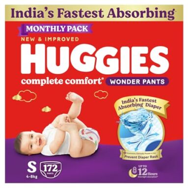 Huggies Complete Comfort Wonder Pants | Pant Style Baby Diapers Small Size, 172 Count | India’S Fastest Absorbing Diaper, Prevents Diaper Rash, Ideal For 4 To 8 Kgs (86 Count, Pack Of 2)