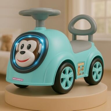 Miniexplorer Monkey Ride-On Toy Car For Kids | Push Ride Car With Music, Horn, Backrest, Safety Guard, Under Seat Storage & Big Wheels | Baby Ride-On For 1-3 Years Boys & Girls – Blue