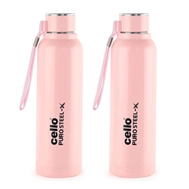 Cello Puro Steel-X Benz 900 Pu Insulated Water Bottle Set Of 2, 650 Ml Each, Pink | Bpa Free, Leakproof, Isi Certified |Hot & Cold Bottle For Gym, Office, College, Travel, Camping, Sports & Yoga