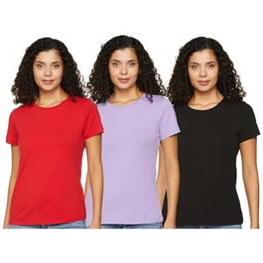 Amazon Brand – Symbol Women’S Solid Cotton Stretch Half Sleeve Round Neck Regular Fit T-Shirt (Pack Of 3) (Rn-Po3-Combo24_Black, Red & Lavendar M)