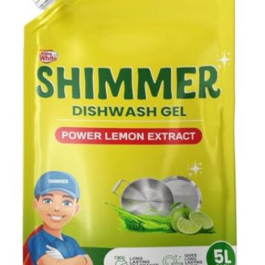Shimmer Dishwash Gel – 5L Family Pack | Powerful Lemon Action For Tough Grease | Long-Lasting Fragrance | Safe On Hands | Value Refill Pack | Dishwasher Safe