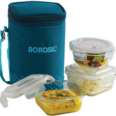 Borosil Teal Bag, 3 Pc (320 Ml X 2 + 240Ml X 1 ), Office Tiifin 3 Containers Glass Office Lunch Box(880 Ml)