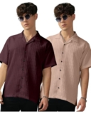 Urban Buccachi Men’S Khakhi & Maroon Striped Polycotton Shirt | Half Sleeve With Lapel Collar & Notch Neck | Regular Fit For Casual, Office & Festive Style (Pack Of 2)