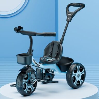 Kidsmate Junior Tricycle For Kids With Parental Control | Cycle For Kids 1-4 Years | Baby Cycle | Bicycle With Storage Basket, Cushion Seat And Seat Belt Carrying Capacity 30 Kgs (Blue)