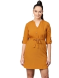 Zima Leto Women’S Mustard Shirt Dress Solid Mini Dress With Belted Waist & Front Buttons Smart Casual Look For Daywear Or Semi-Formal Events