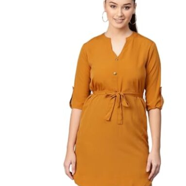 Zima Leto Women’S Mustard Shirt Dress Solid Mini Dress With Belted Waist & Front Buttons Smart Casual Look For Daywear Or Semi-Formal Events