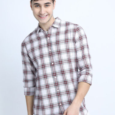 KETCH Men Checkered Casual White, Maroon Shirt