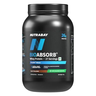 Nutrabay Bioabsorb™ Whey Protein Powder – 1Kg, Dark Chocolate | India’S First Protein With Prodifi™ Blend For Ultra-Fast Absorption | 26G Crossflow Microfiltered Whey/Scoop | 100% Naturally Sweetened