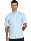 Urban Buccachi Men’S Regular Fit Solid Casual Shirt – Short Sleeve, Mandarin Collar, Lightweight Polyester, Stylish Everyday Wear Sky Blue