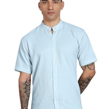 Urban Buccachi Men’S Regular Fit Solid Casual Shirt – Short Sleeve, Mandarin Collar, Lightweight Polyester, Stylish Everyday Wear Sky Blue