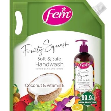 Fem Fruity Squash Soft & Safe Handwash – 1500Ml | Enriched With Goodness Of Coconut Milk & Vitamin E | Long Lasting Fragrance