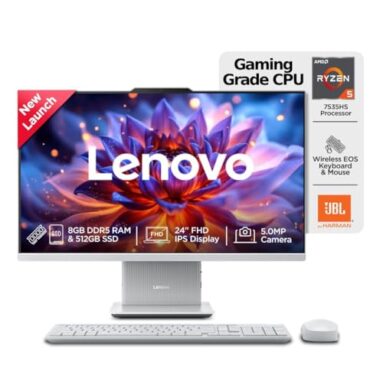 Lenovo Ideacentre Aio Amd Ryzen 5 7535Hs 23.8″ Fhd Ips All-In-One Desktop(8Gb Ram/512Gb Ssd/Win11/Microsoft 365 Basic + Office Home 2024/3Wx2 Speakers/5Mp Camera/Wireless Keyboard & Mouse),F0Hr009Bin