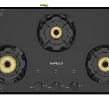 Havells Nucleus Slim Manual Gas Stove|3 Heavy Duty Forged Brass Burner|8 Mm Toughened Glass|Premium Valves|Removable Drip Tray|Soft Touch Knobs|5 Year Warranty On Burners,Glass & Valves (Black)