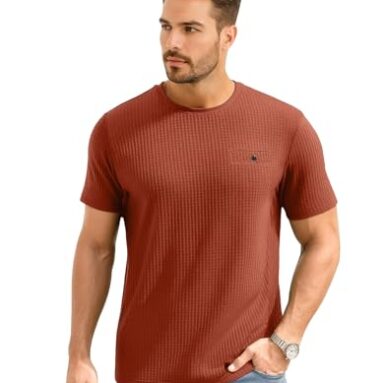 Awg All Weather Gear Men Waffle Knit Regular Fit Solid Crew Neck T-Shirt | Tees For Man | Textured Half Sleeve Stylish T-Shirt’S | Rust, Large